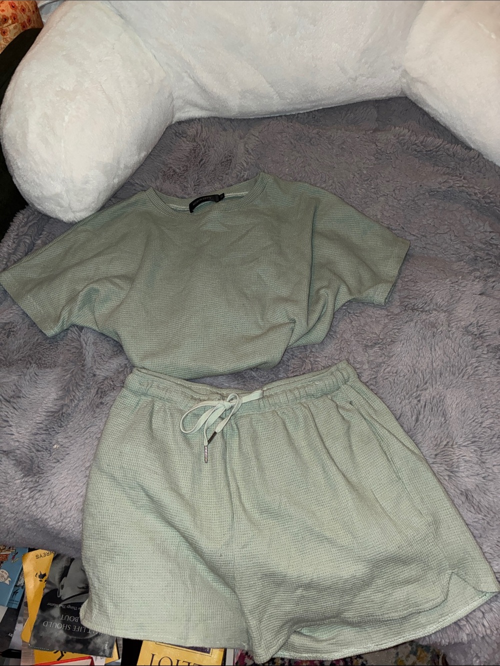 Women's Relaxed Waffle Knit Short Sleeve Top & Shorts Set - Sage